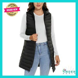 Long Puffer Vest with Hood Lightweight Down Sleeveless Jacket Women's Outerwear
